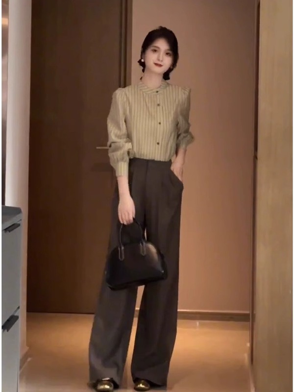 盐系轻熟高级感时尚休闲卡其色衬衫阔腿裤子两件套装职业女装秋季|undefined