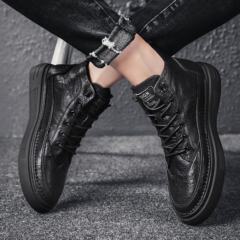 Brogue Men's Shoes Autum British Style Men's High-Top Leather Shoes Mid-Top Short Boots Winter Fleece-Lined Boots for Men