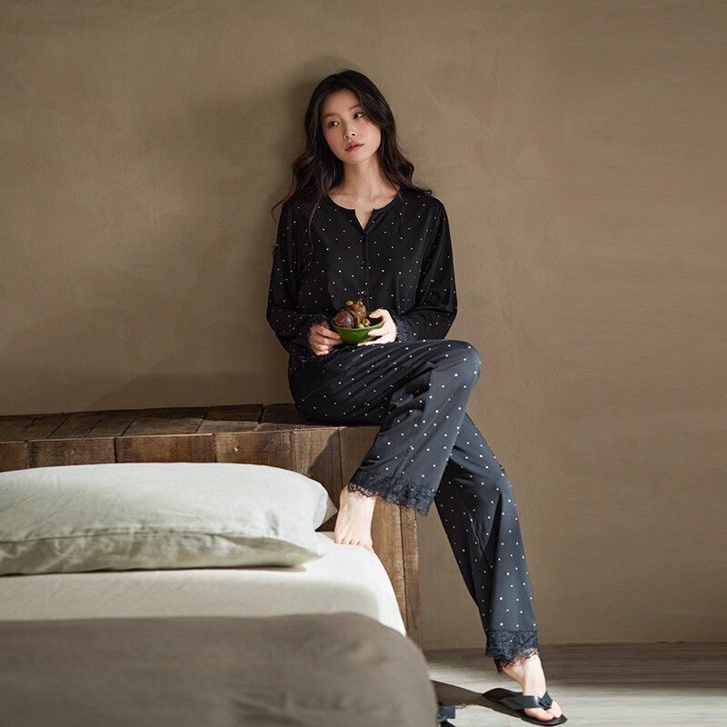 New Style Women's Pajamas with Breast Pads 2025 Spring & Fall Modal Black Polka Dot Home Clothes Soft and Can Be Worn Outside