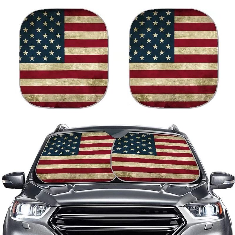 2 pieces of foldable car windshield sunshade cover, retro flag print UV protection reflective