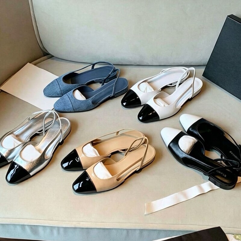 Sheepskin Version~In Stock for Immediate Delivery. Versatile and Stylish Chanel-Style Color-Blocked Pointed Round-Toe Single Shoes for Women, Suitable for Commuting and with an Open Back