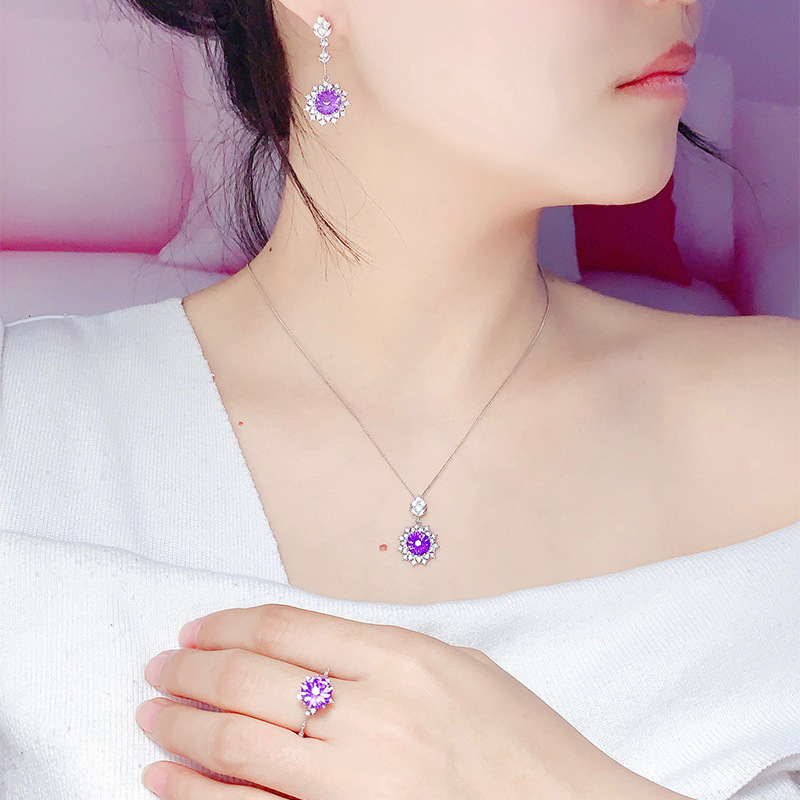 Wholesale Fire Firework Cut Imitation Amethyst Ring Pendant Necklace Earring Set display picture 1