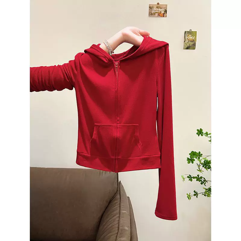 红色圣诞连帽长袖内搭T恤女2026早春秋开衫新年红色短款外套上衣