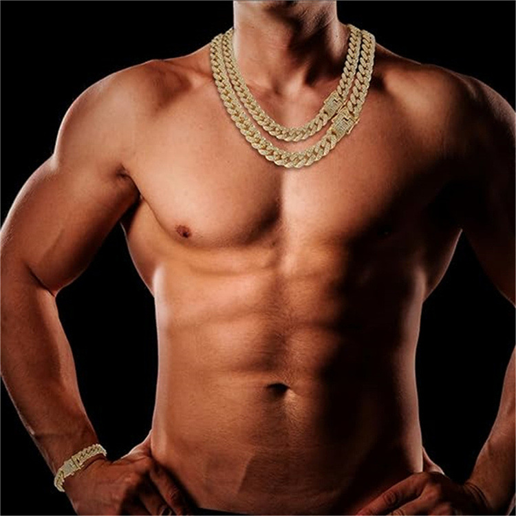 Accesorios geniales, collar de hip-hop para hombre, lleno de diamantes, cadena de oro grande, cadena cubana, pulsera de hip-hop, collar al por mayor, moderno