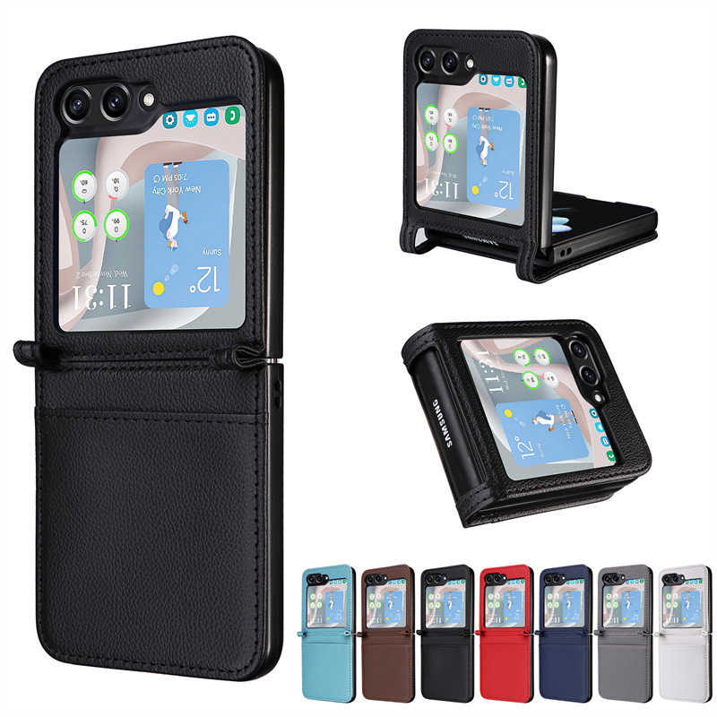 For Samsung Z Flip 5 Mobile Phone Case 5G Card Galaxy Z Flip5 Mobile Phone Leather Case One-piece Litchi Pattern