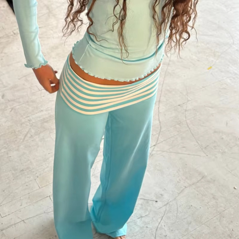 Cross-Border European and American Style Striped Fold-Over Waist Design Loose Drapey Floor-Length Pants Y2K Casual Versatile Hip-Lifting Long Pants for Women