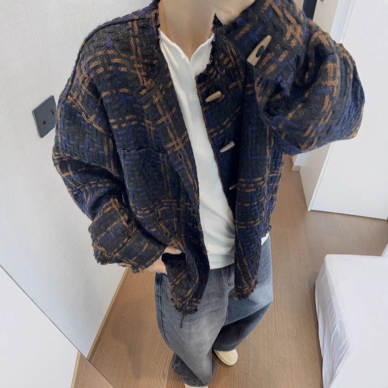 Factory Direct Supply Autumn and Winter Retro Versatile Coarse Woolen Woven Chanel-Style Collarless Raw Edge Jacket for Men