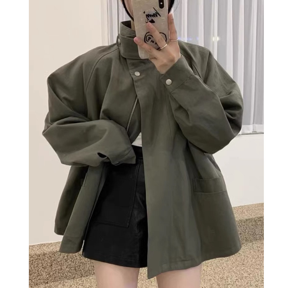韩国chic秋季小众复古立领斗篷设计大口袋宽松百搭长袖风衣外套女