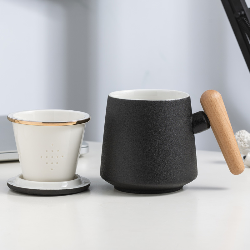 Wenchuang estilo cerámico chino de tres piezas taza de té taza de filtro taza de agua taza de marca regalo esculpido LOGO nombre