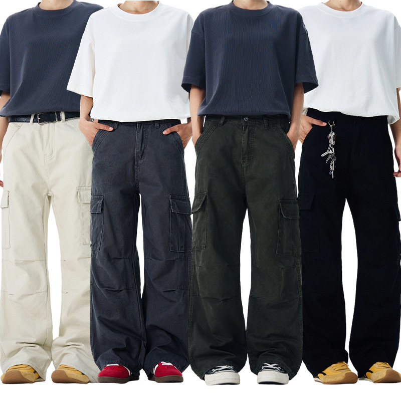 LKTM Men's American Style High Street vintage Washed Old Overalls Men's and Women's Wide Leg Loose Straight Long Pants