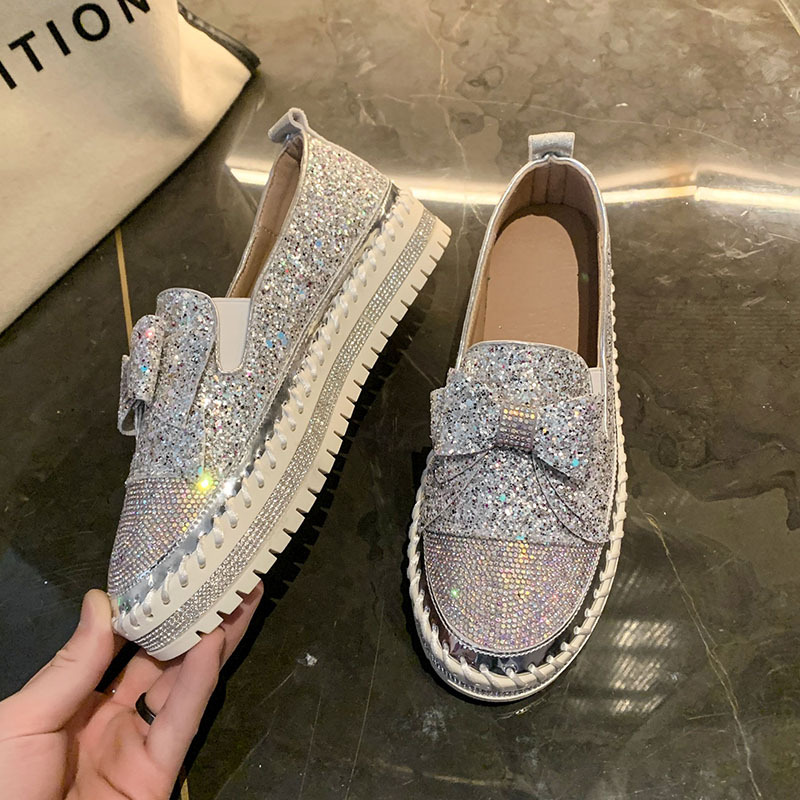 Damenschuhe Strass Plateau Loafer flache dicke Sohlen Freizeitschuhe für Damen Frühling und Herbst neue Bowknot Glitzer Pailletten Einzelschuhe_voghion.com