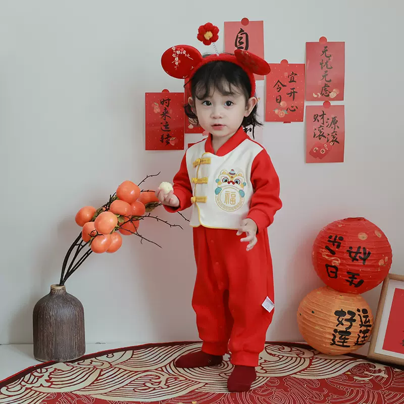 婴儿连体衣秋冬新生儿衣服百天周岁礼服前开扣婴儿衣服宝宝拜年服