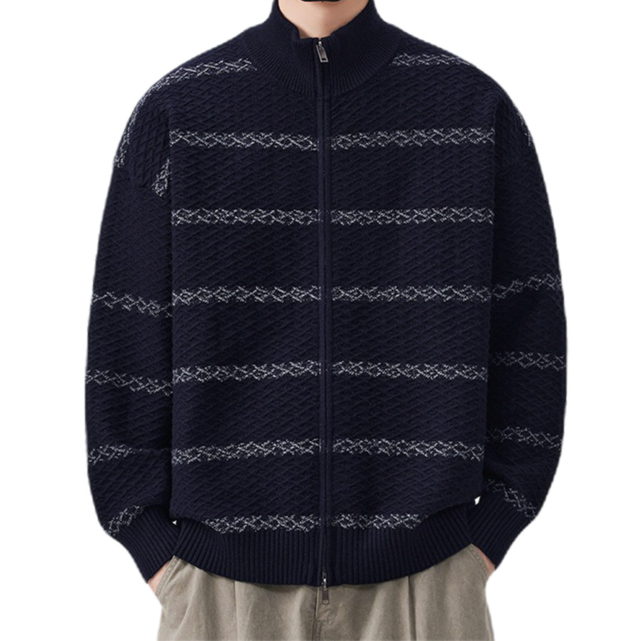 Explosiones transfronterizas de tamaño europeo de tamaño grande contraste a rayas cardigan jersey suéter texturizado hombre abrigo de cuello al por mayor fábrica