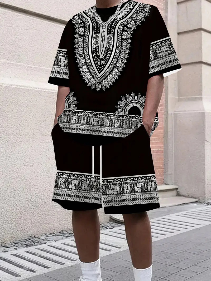 Men's Summer Gradient Letter 3D Digital Print T-Shirt And Shorts Set Trendy Casual Basic Comfortable Two-Piece Outfit_viptrois.com