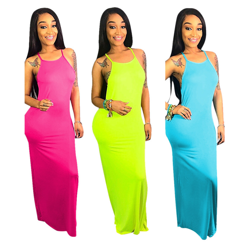 Z013 European and American Sexy Women's Clothing Amazon Aliexpress Dunhuang Solid Color Spaghetti Strap Floor-Length Sexy Dress