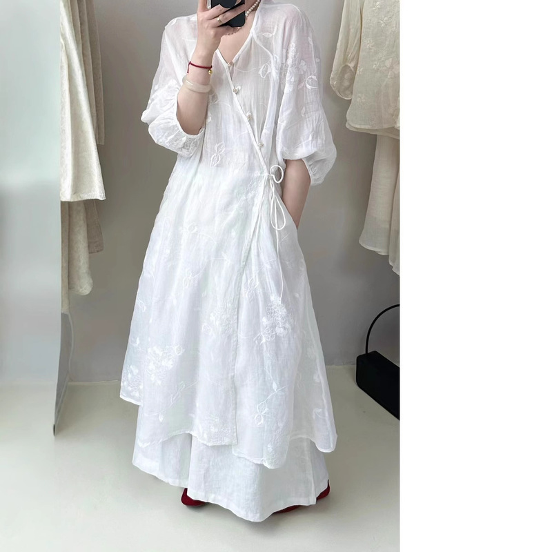 Nami Costume Home Summer New New Chinese Style National Style Zen dress Women's Retro Bead Button Full Embroidered Gown