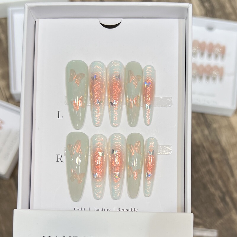 Purely Handmade Wearable Nails with Iridescent Swirls and Butterfly Design, Gentle Temperament, Granny Green, Pure and Alluring, Brightening Effect, Removable Nail Stickers