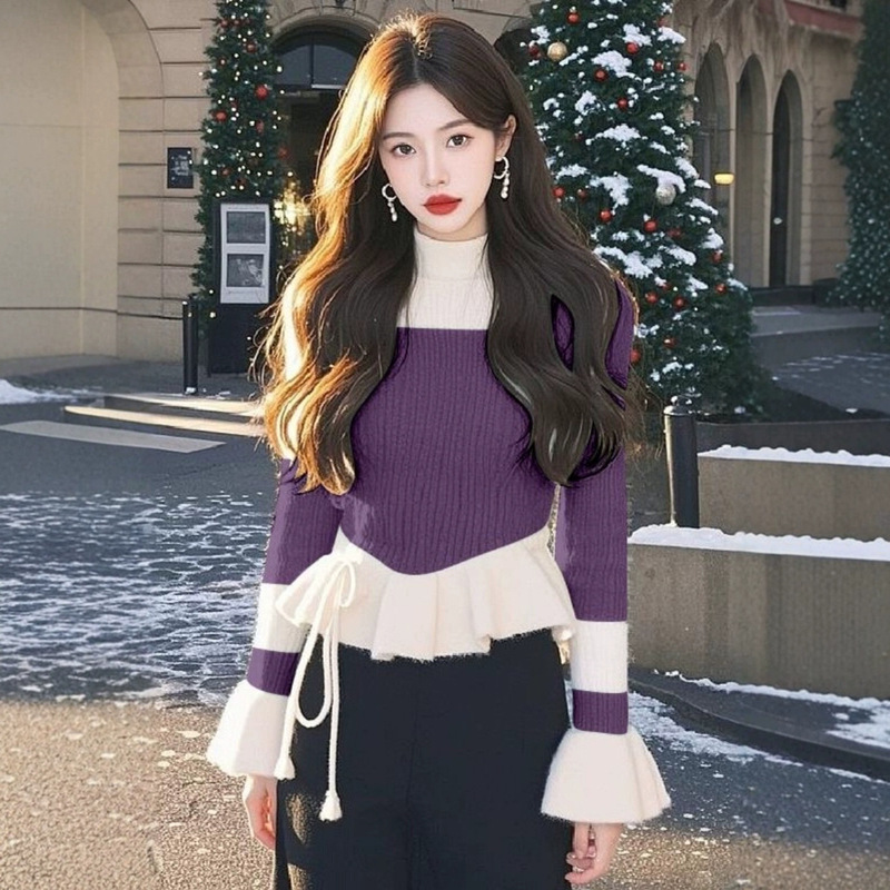 Cross-border 2025 High-grade Design Sense Knitted Top Green Stitching Super Good-looking Slimming Temperament Gentle Style Sweater