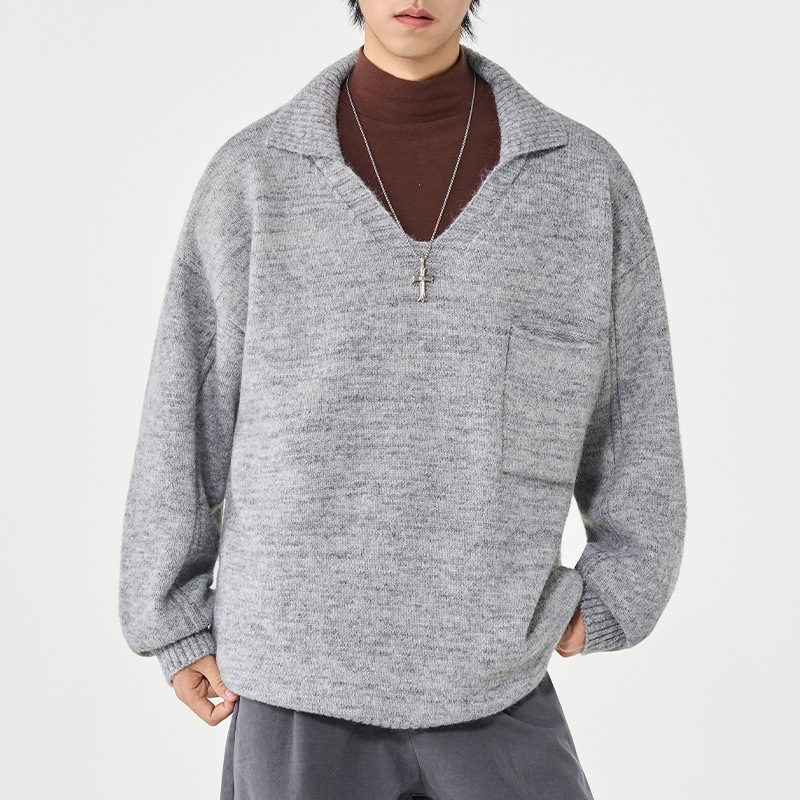 Minimalistische herentrui in Koreaanse stijl – effen gebreide trui met losse revers (zwart/marineblauw/groen/grijs/crème, M-3XL)_voghion.com