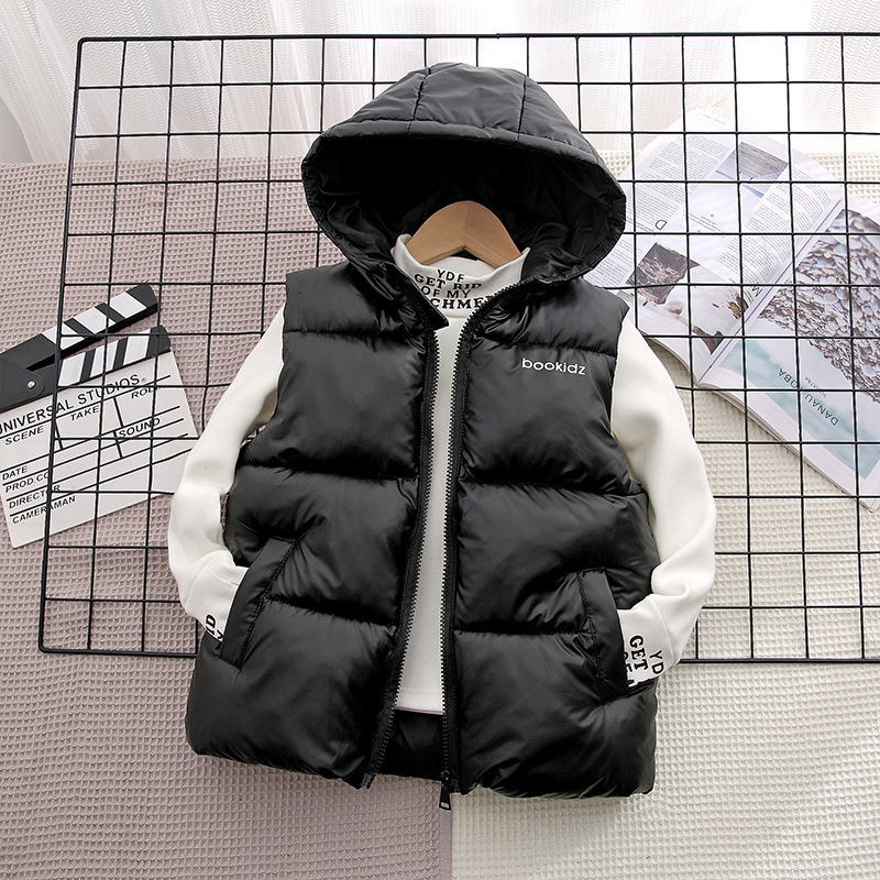 2025 nuevo chaleco con capuz para niños de color sólido en invierno chaleco de algodón grueso para niños otoño y invierno caliente algodón clip de marea