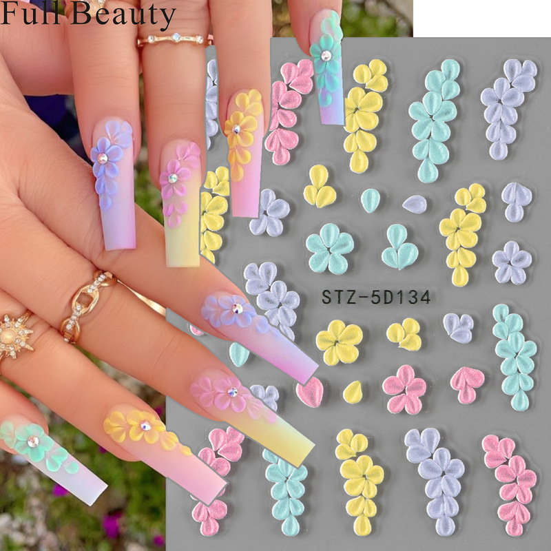 Full Beauty Cross-Border New Nail Art Stickers Japanese-Style Embossed 5D Three-Dimensional Floral Clusters Art Nail Stickers