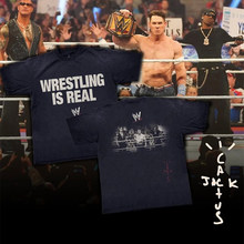 Travis Scott x WWE 新款拳王相片字母印花棉水洗短袖T恤男女潮