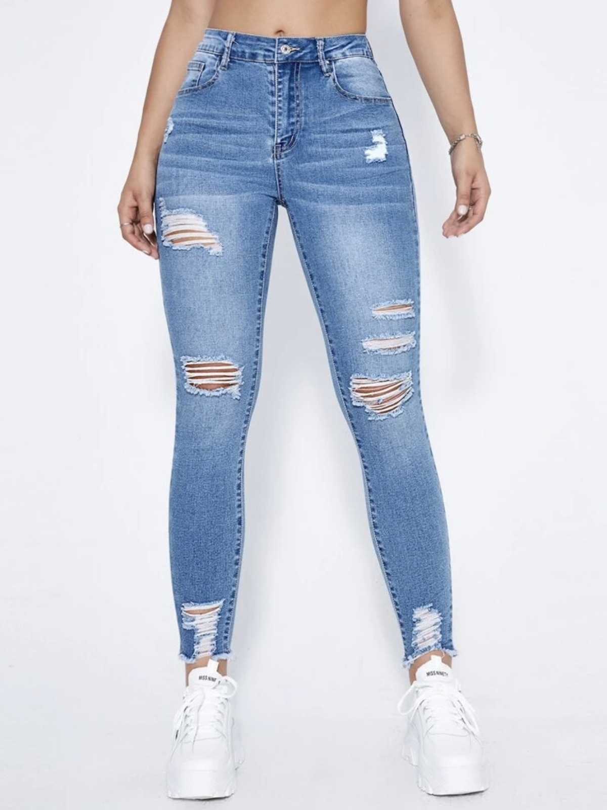 Jeans Ajustados para Mujer de Mezclilla de Algodón, Elástico, Cintura Alta, Roto