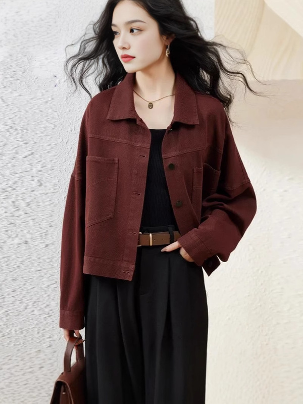 安可拉红牛仔外套女2025新款春秋小个子短款宽松休闲复古夹克上衣|undefined