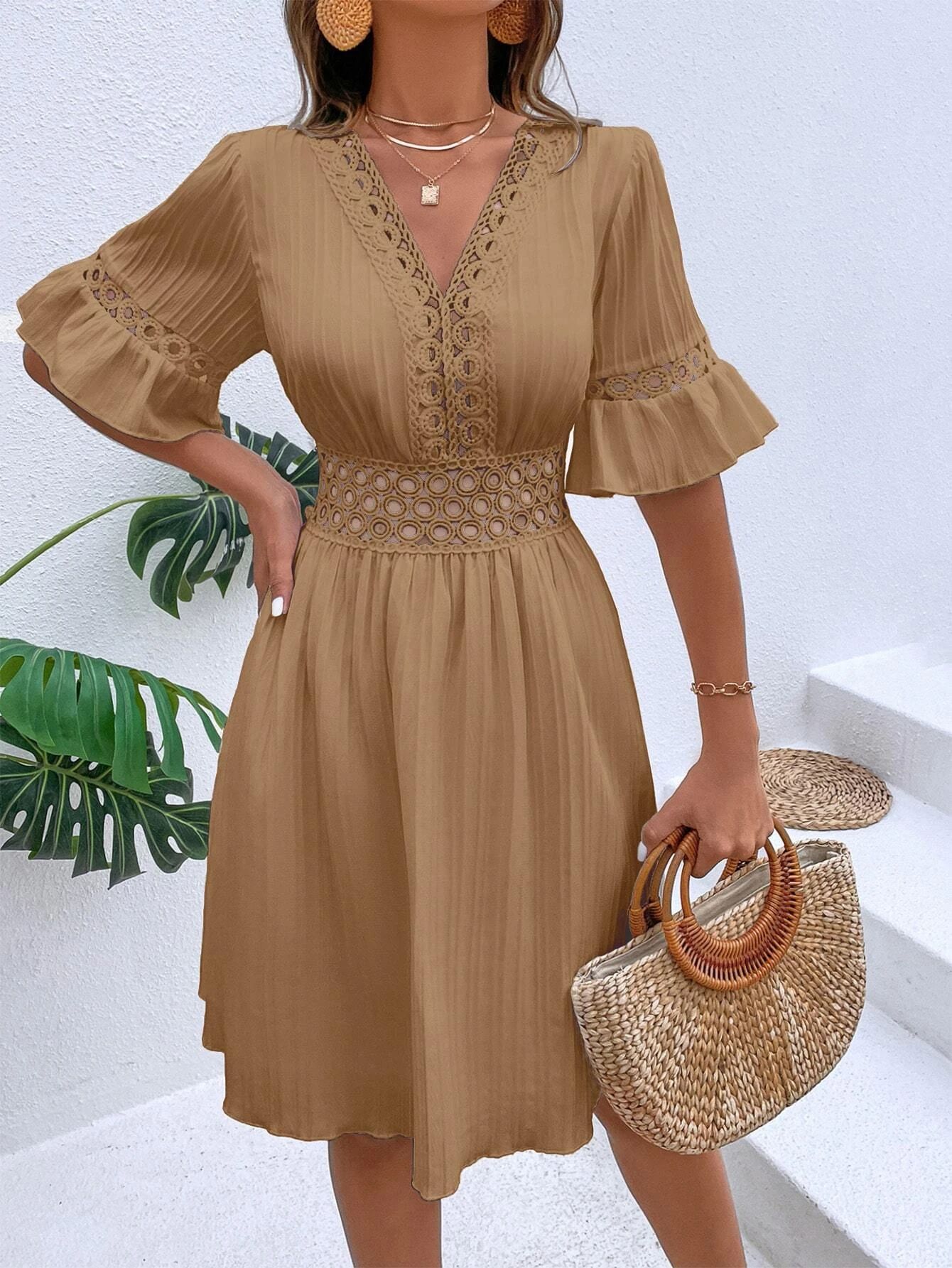 277g Weight Knee-Length Dress Length Type Half Sleeve Sleeve Length Regular Dress Dresses Type Bell Sleeve Sleeve Type Polyester Fabric Type High Waist Waist Line Holiday, Daily Occasion V Neck Neckline Slim Fit Type Solid Color Pattern Summer Season Women's Gender Lace Design Elegant, Streetwear Style Wholesale Women's Elegant Streetwear Lace Solid Color Holiday Daily V Neck Half Sleeve Regular Dress 22