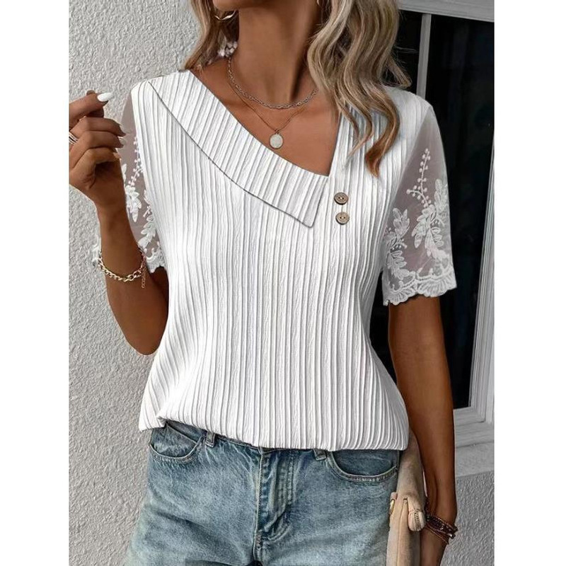 Women's Cross-border European and American Summer Comfortable Casual Pullover Oblique Collar Solid Color Lace Sleeve Stitching Short-sleeved T-shirt for Women