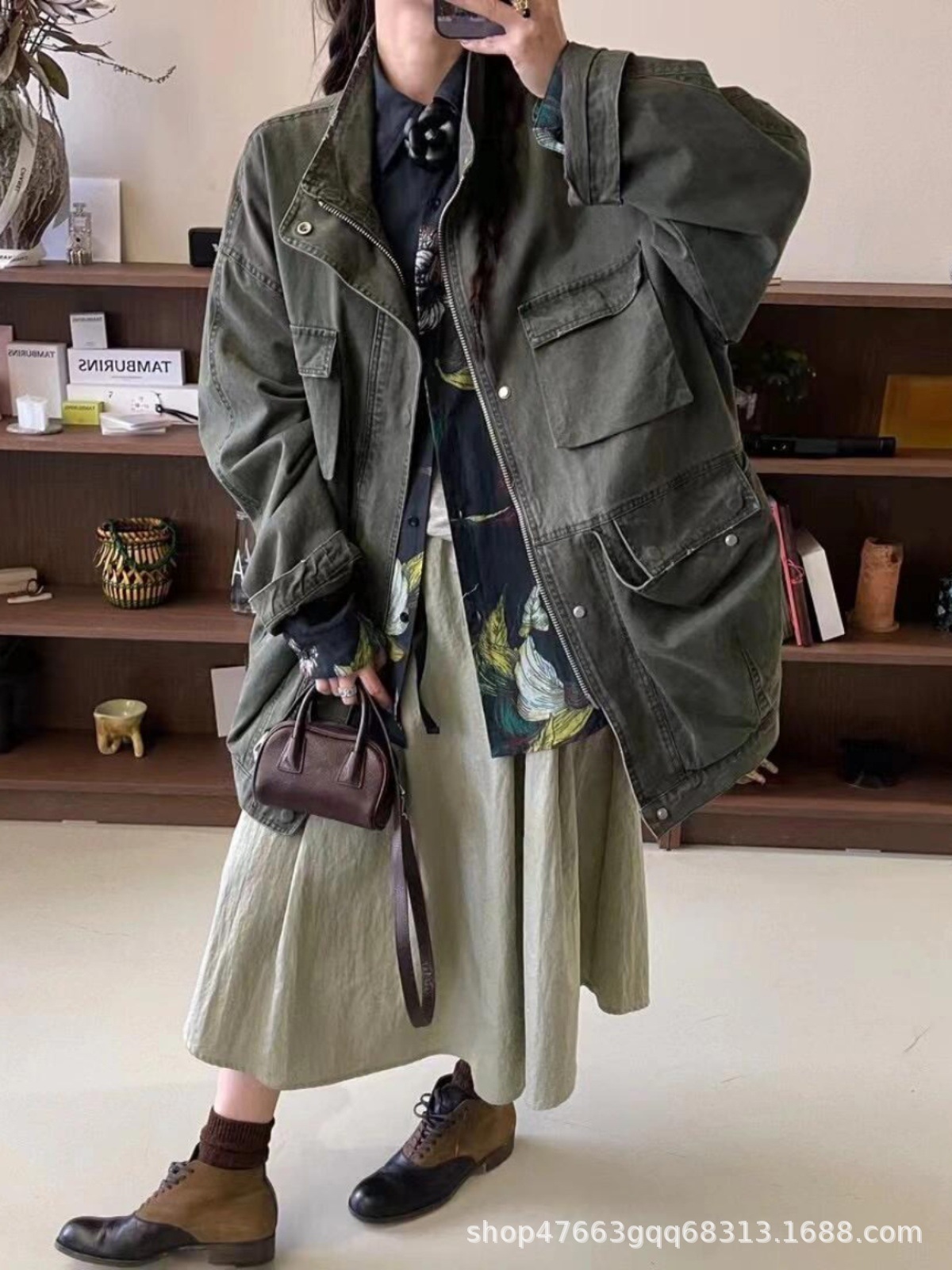 Retro Military Green Heavy-Duty Windbreaker Jacket for Women 2025 Autumn and Winter New Style Mid-Length Old Lazy Work Jacket