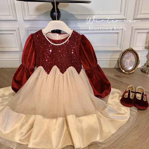 Girls' Dresses Autumn and Winter 2024 New Style Dresses Girls' Velvet Thickened Princess Dresses Puffy Gauze Skirts