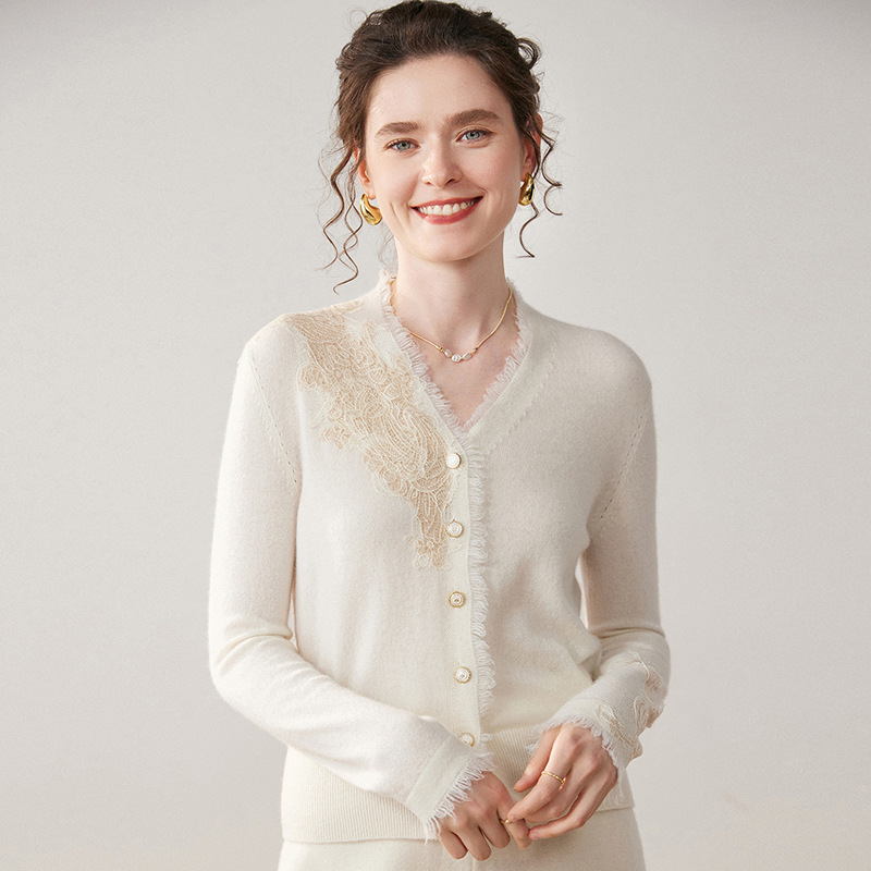 Factory Wholesale Lace 100 Pure Cashmere V Neck Skin-Friendly Cashmere Cardigan Women's Loose Large Size Knitted Bottoming Factory Wholesale Lace 100 Pure Cashmere V Neck Skin-Friendly Cashmere Cardigan Women's Loose Large Size Knitted Bottoming