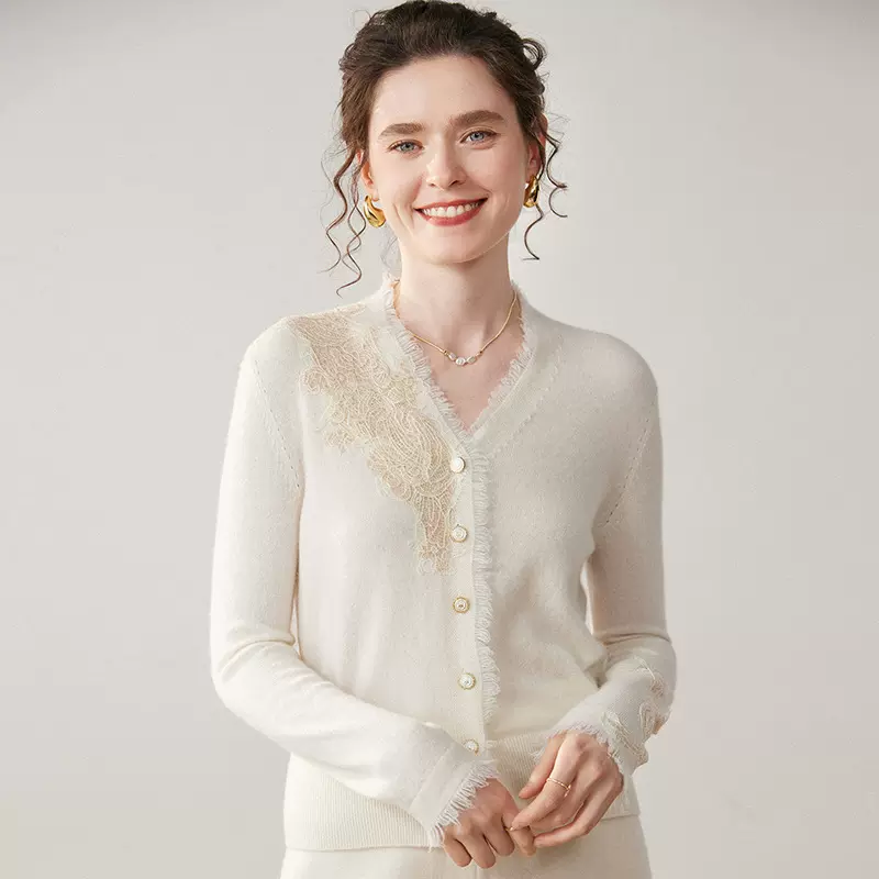 工厂批发蕾丝花边100纯山羊绒V领亲肤羊绒开衫女宽松大码针织打底