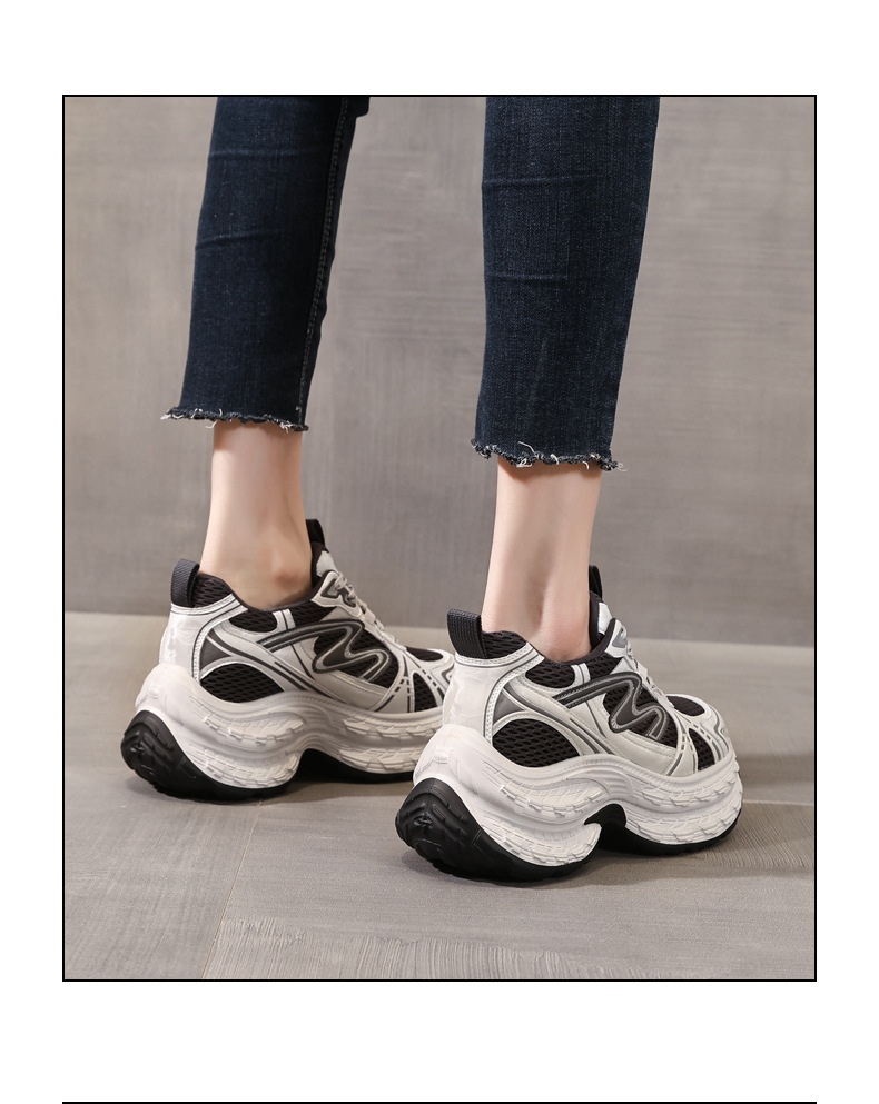 Giày sneaker nữ chunky đế dày lưới thoáng khí, tăng chiều cao — Xám đen chi tiết 16