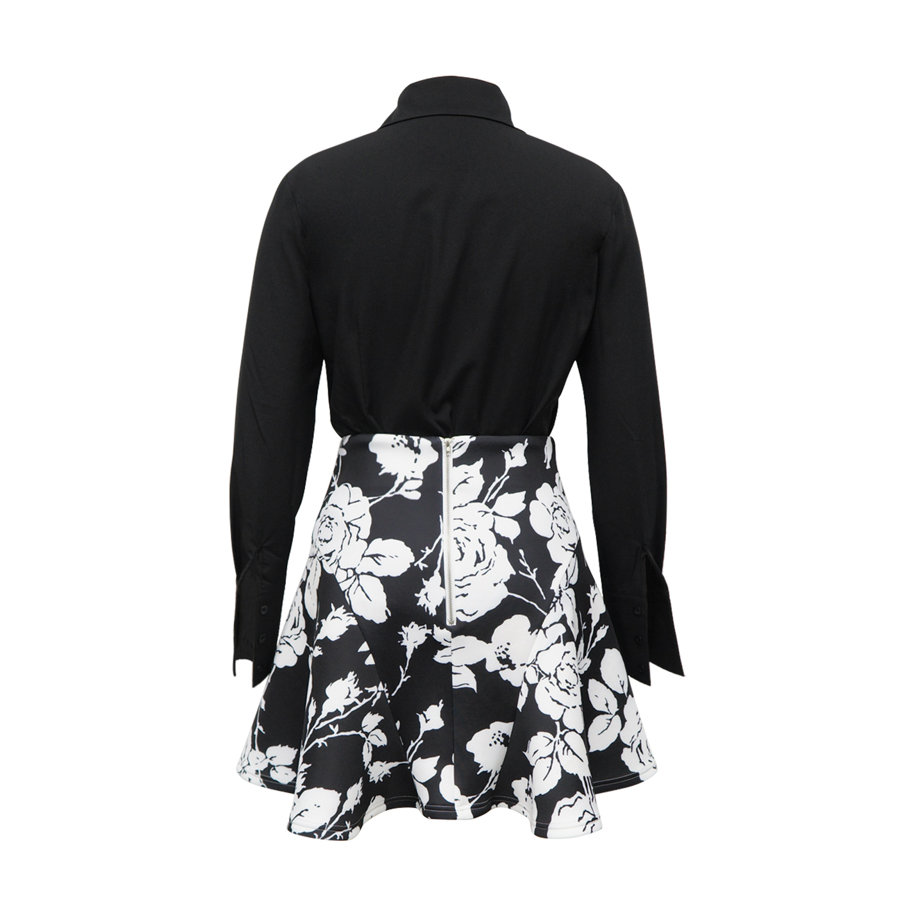 Women's Fashion Long Sleeved Collared Printed Skirt Set Waist Cinching Short_ecoleips.com