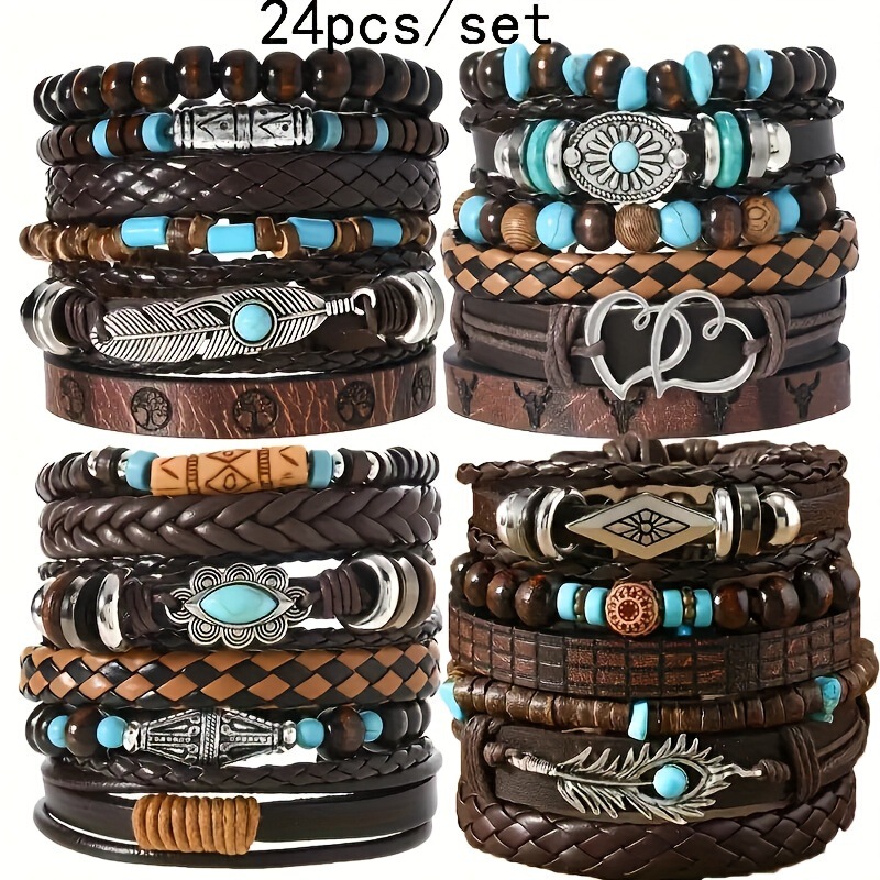 24 Pieces of Braided Pattern Retro Punk Style Western Cowboy Style Adjustable Size Zipper Bracelet Multiple Styles Suitable