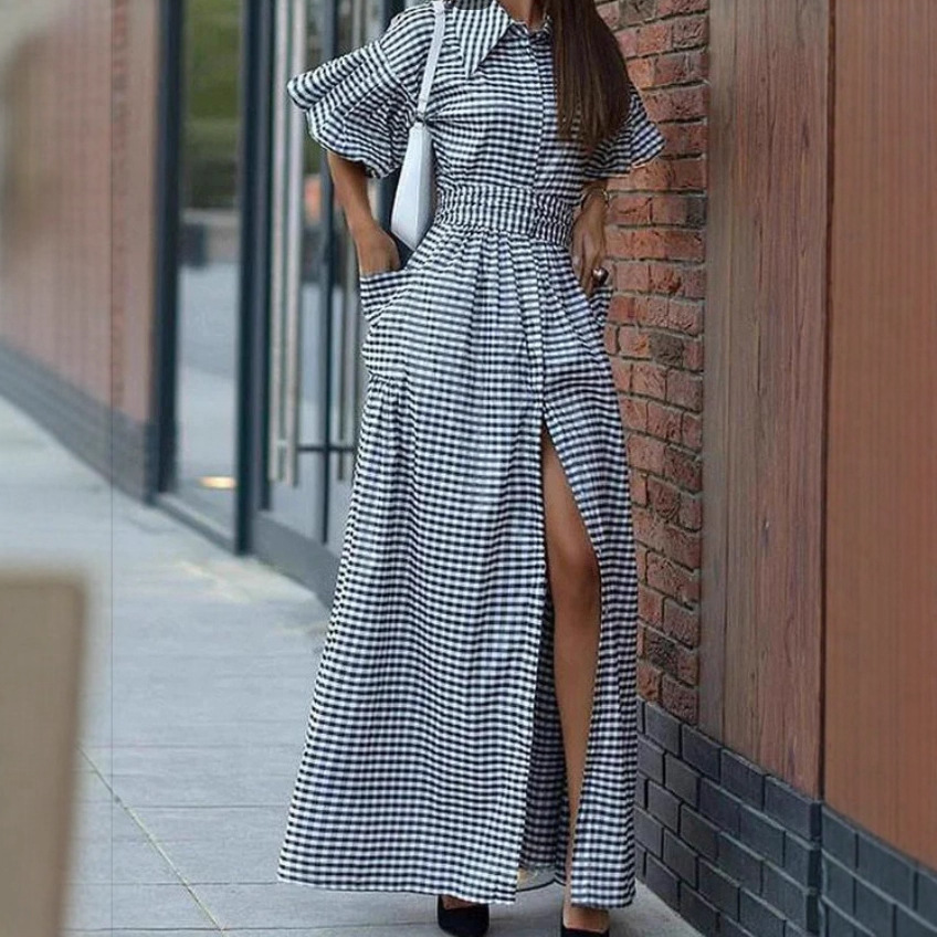 Women's Christmas Themed Long Casual Fashion Shirt Dress In Green And Red Plaid_ecoleips.com