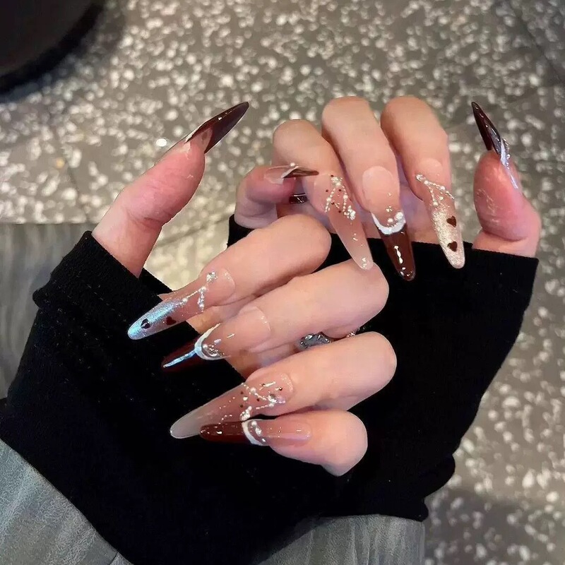 Handmade Manicure Autumn and Winter High-End French Cat Eye Flash Diamond Christmas Heart New Year Red Manicure Nails