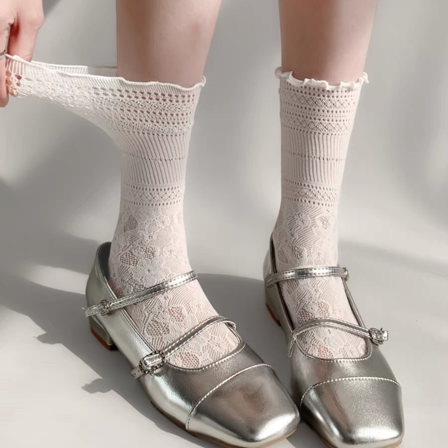 Socks Women's Summer Thin Lace Lace Socks Korean-style Sweet-style Hollow Mesh Piled Socks with Small Leather Shoes