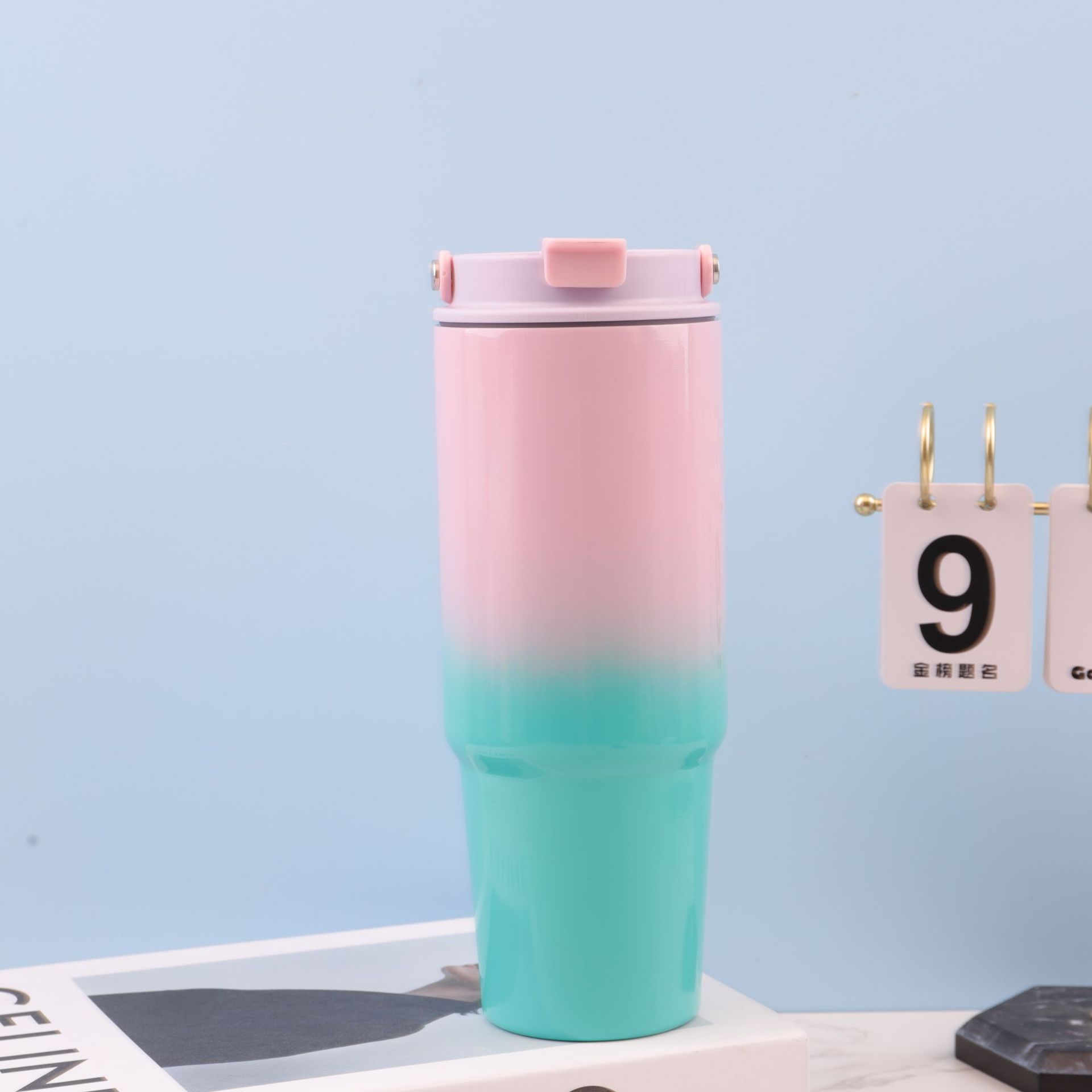 Taza termo portátil de acero inoxidable con color degradado transfronterizo caliente de 30oz, taza de agua para automóvil con pajita portátil al aire libre de gran capacidad