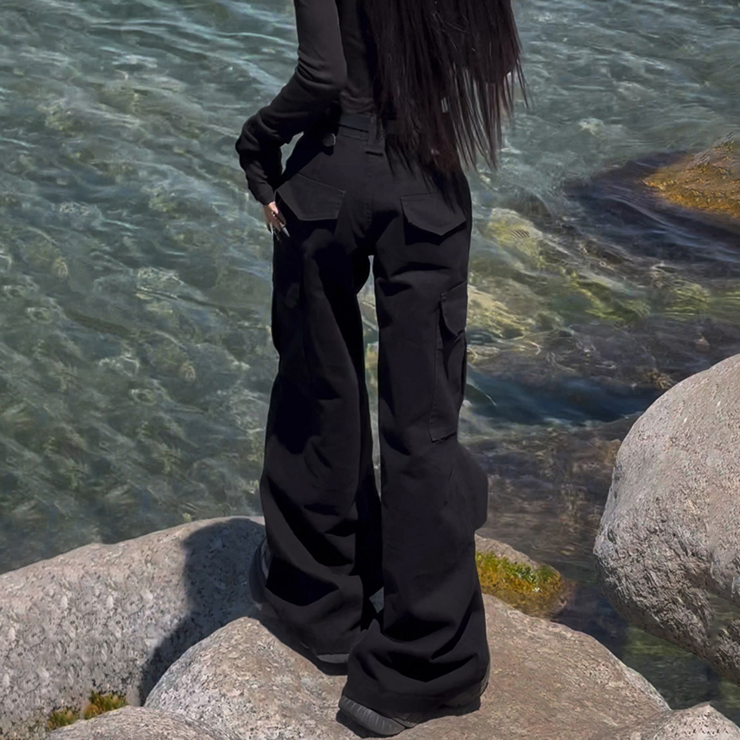 American-Style Fashionable Black Cargo Pants with Large Pockets for Women, Spring and Autumn Vintage High-Waisted Plus-Size Narrow-Fit Casual Wide-Leg Pants