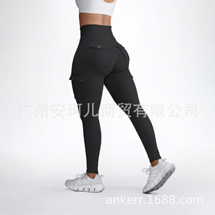 Spot brocade double-sided -7 yards European and American pocket overalls fitness pants women's high elastic tight yoga pants quick-drying running pants