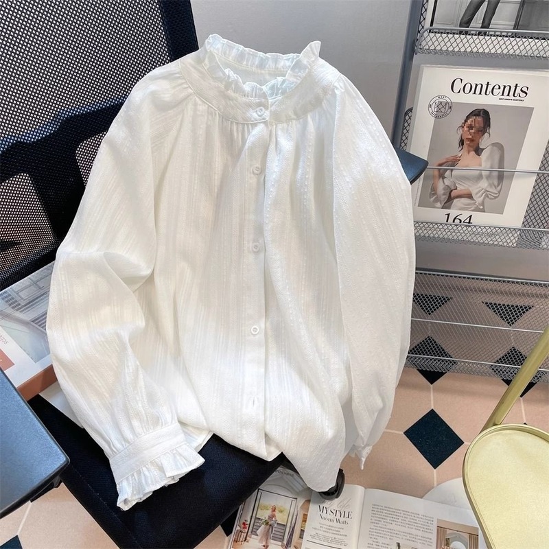 French-Style Ruffled Stand-Collar Shirt for Women, Spring and Autumn Design, Niche White Inner Base Long-Sleeve Top