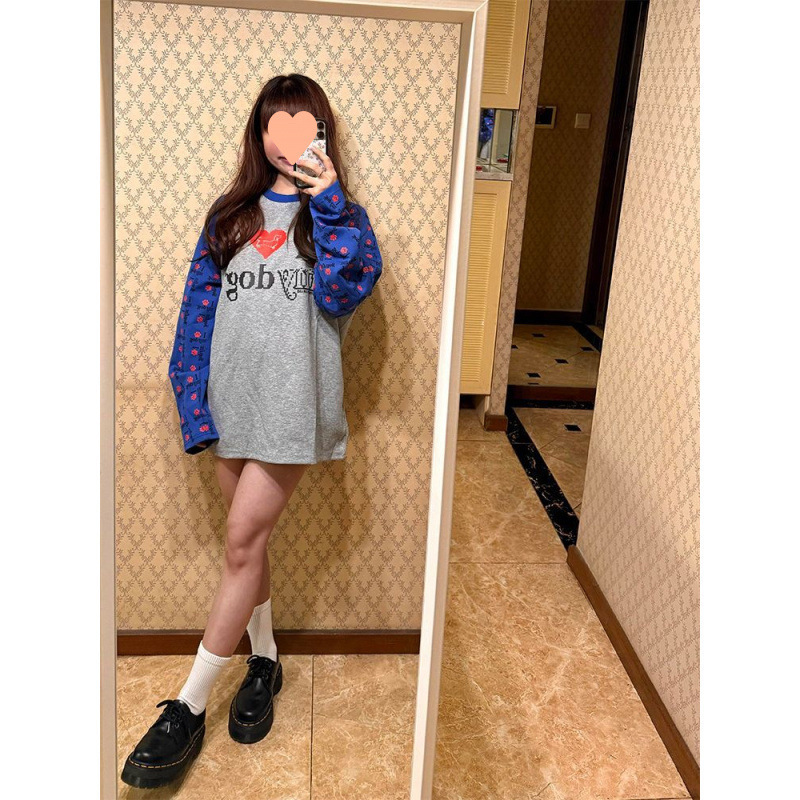 美式复古撞色插肩袖长袖T恤女秋季新款设计感小众宽松显瘦上衣潮|undefined