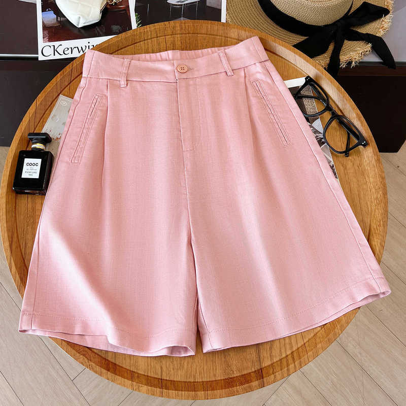 Pink High-Waisted A-Line Tencel Linen Five-Point Suit Shorts for Women, Thin Style, 2026 Summer New Wide-Leg Mid-Length Pants