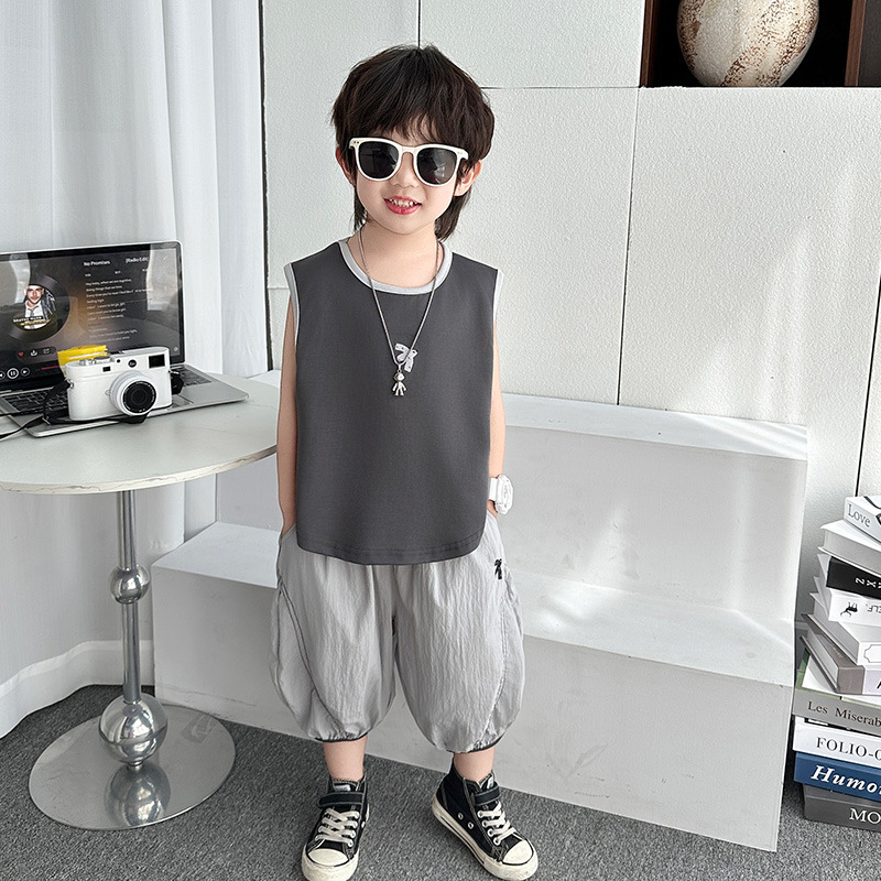 7397 traje de chaleco para niños 2025 nuevo estilo de verano para niños ropa sin mangas de celebridades de Internet bebé verano ropa para niños coreanos