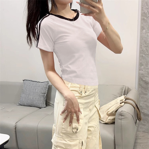 2025 New Black Slimming Top Unique and Stylish Pure Cotton Three Stripes Petite Version Korean Style Short Sleeve T-Shirt for Women