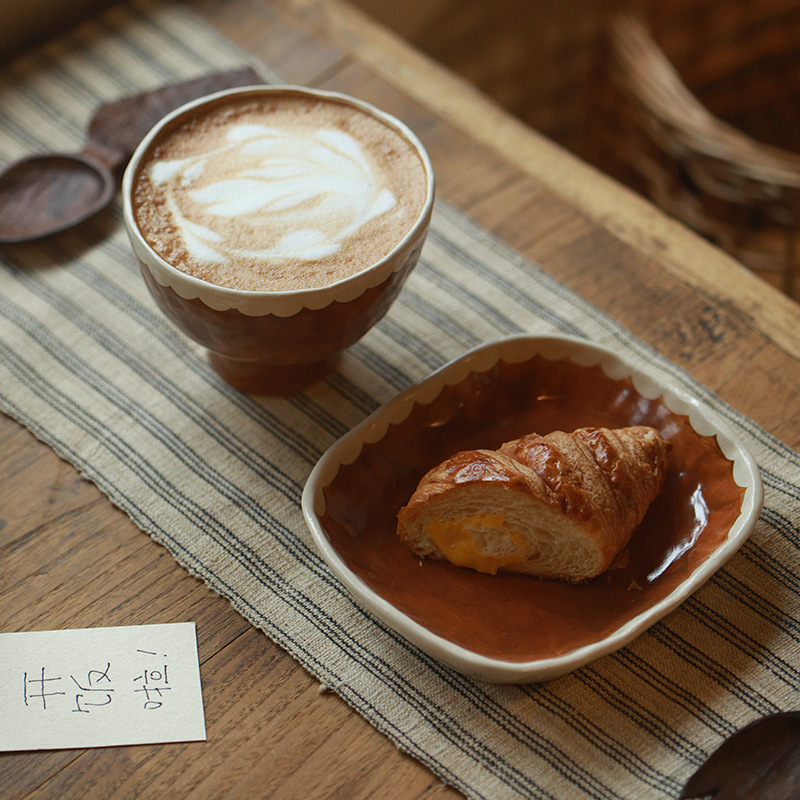 Japanese Retro Rustic Pottery Hand-Painted Ceramic Tableware Set Dessert Plate Yogurt Bowl Mug Coffee Cup Gift