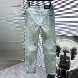 欧货高端浅蓝男士牛仔裤春夏新款修身小直筒做旧水洗弹力休闲长裤